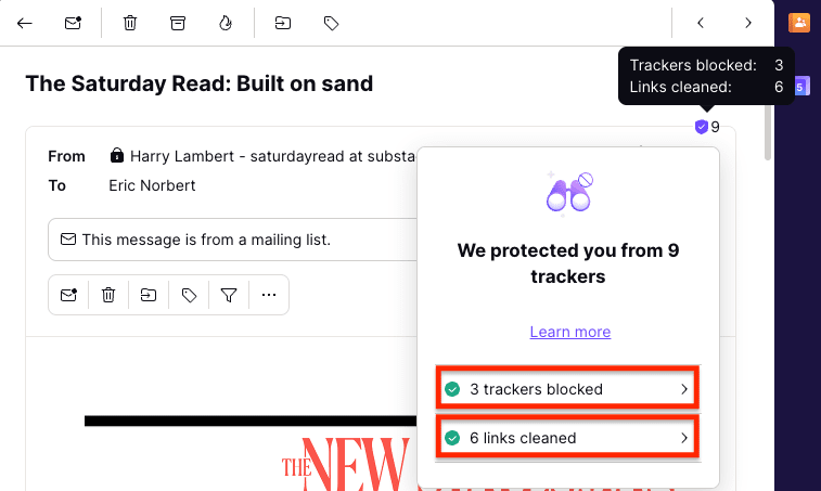 Detail of trackers blocked and links cleaned.