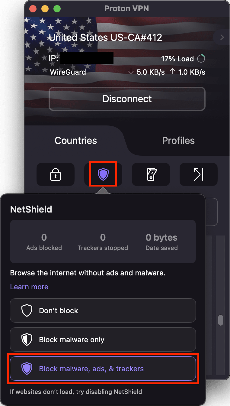 The Proton VPN macOS app highlights the NetShield setting