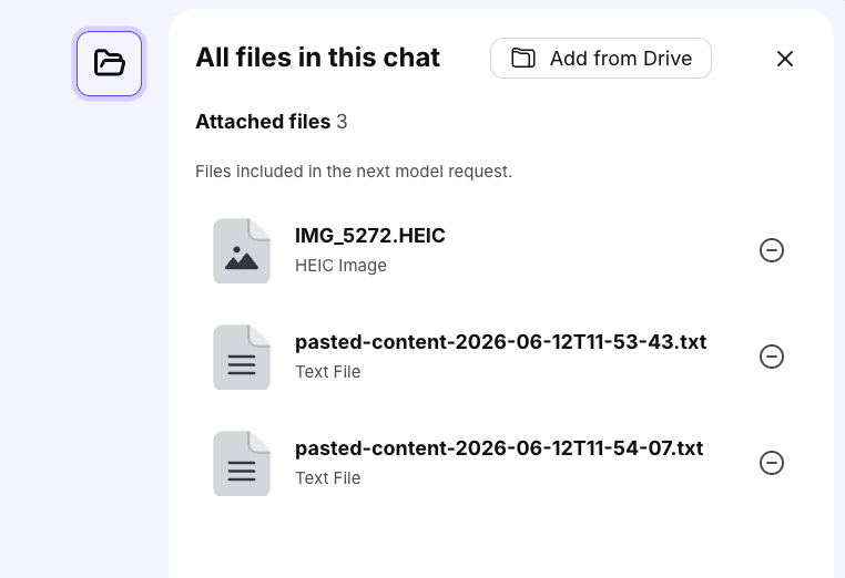 Lumo screenshot showing all attached files in current chat.
