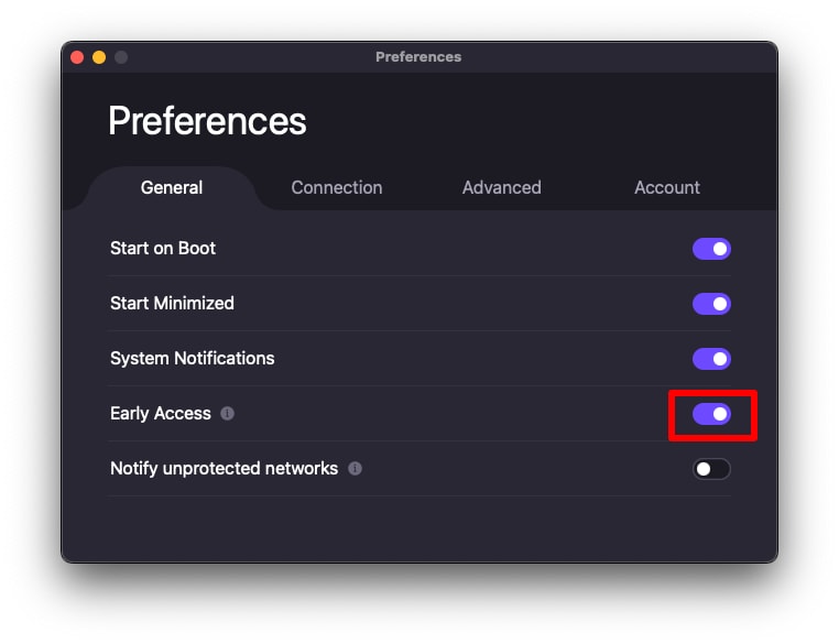 Poggle the Early Access switch on