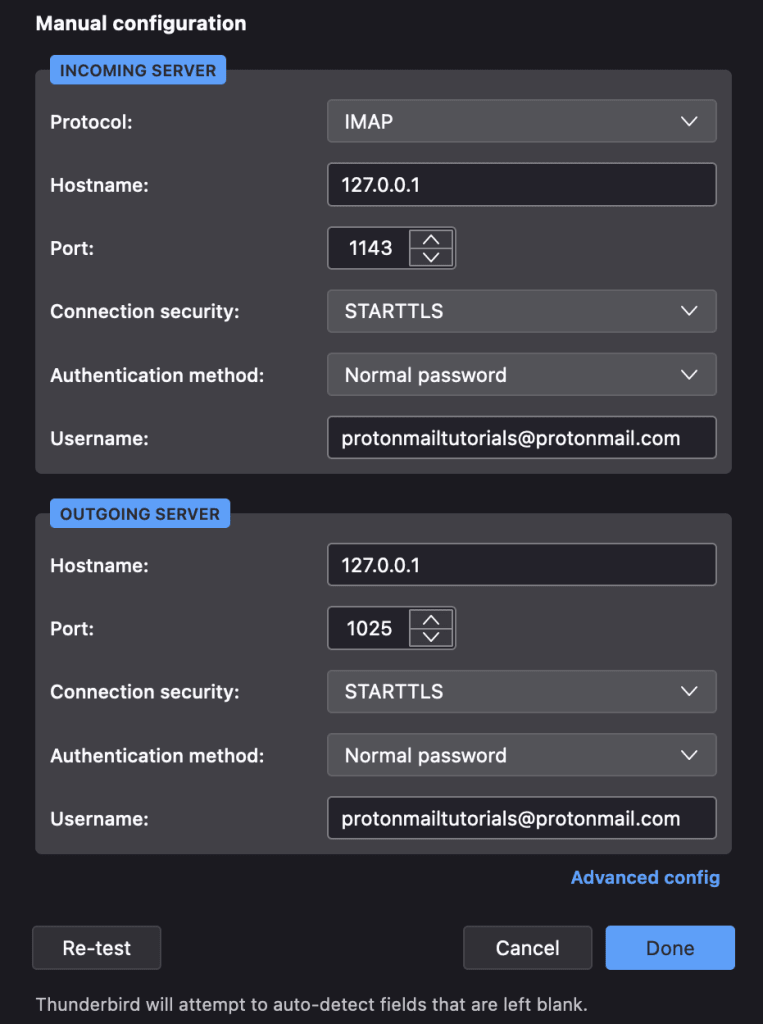 Thunderbird advanced setup screen to configure your custom domain