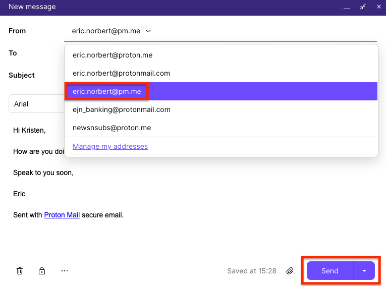 From field showing the @pm.me email address as one of the options for sending