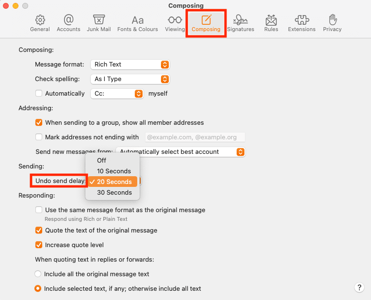 Dropdown menu to change the Undo send delay on Apple Mail for Mac