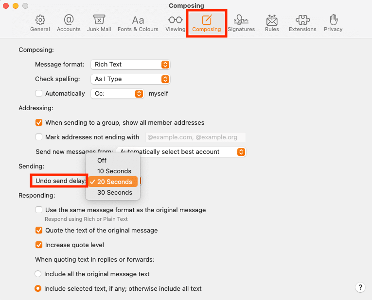 Menu déroulant pour changer le délai d'annulation d'envoi sur Apple Mail pour Mac