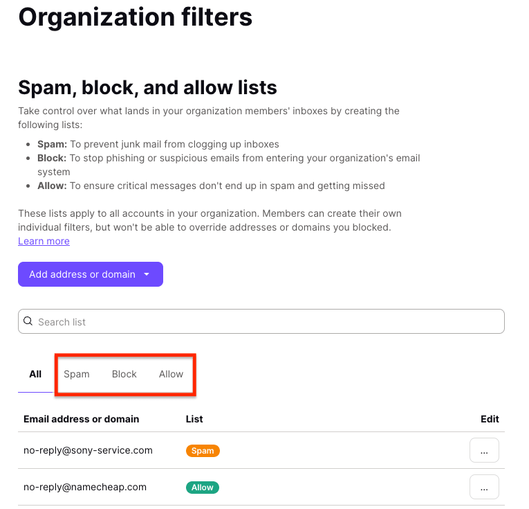 Three tabs for organization filter lists: spam, block, and allow