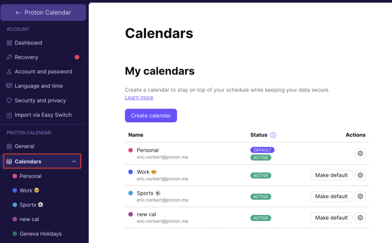 Calendars list in the sidebar