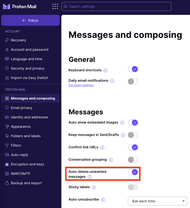 Auto-delete unwanted messages switch turned on
