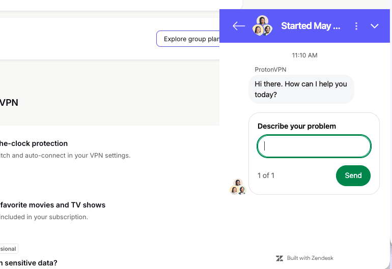 Start a chat with us via the Proton VPN Home page