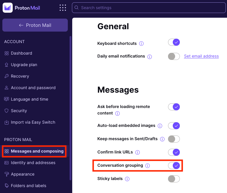 Conversation grouping switch on the web app