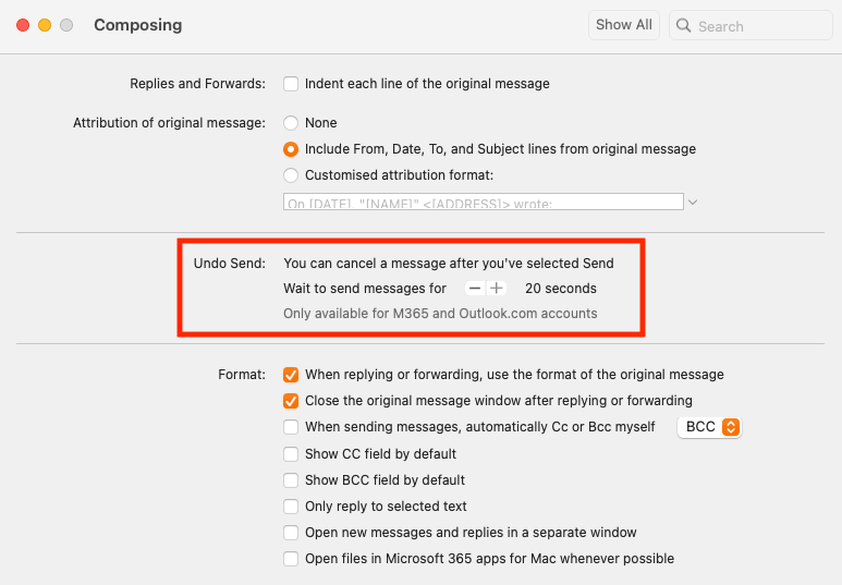 Impostazioni di Annulla Invio per modificare il periodo di cancellazione su Outlook per Mac