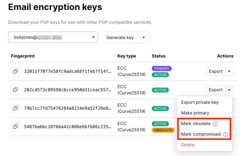 Options to mark keys as obsolete or compromised