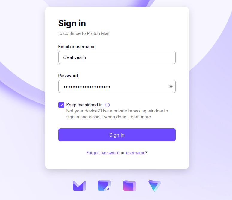 Paste the login detains into the proton.me login page