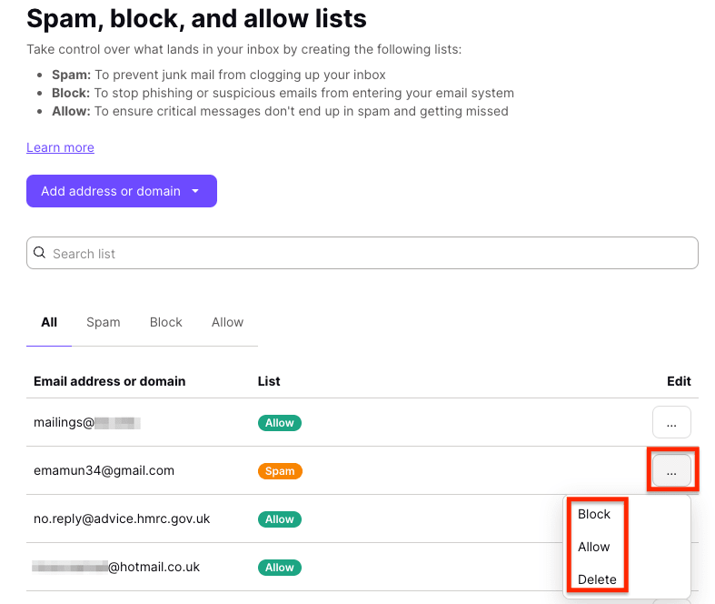 Spam, block, and allow lists showing the Edit column with dropdown options to delete a sender or move it to another list