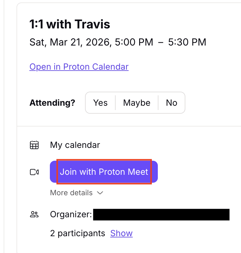 Join a Proton Meet call from Proton Calendar