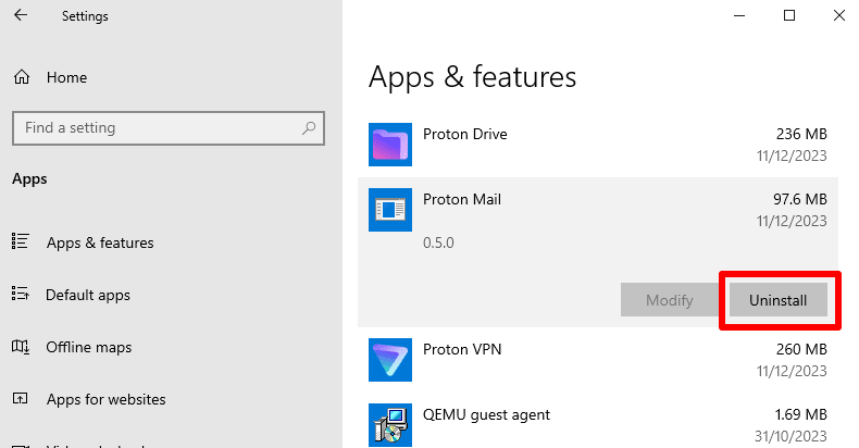 How to uninstall the Proton Mail app on Windows 10