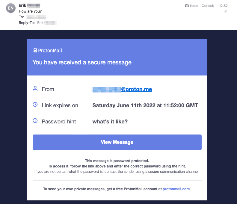 Password-protected email showing message — You have received a secure message