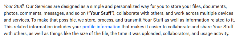 Dropbox privacy policy your stuff