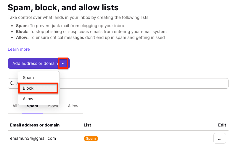 Block option in the dropdown menu of the Add address or domain button