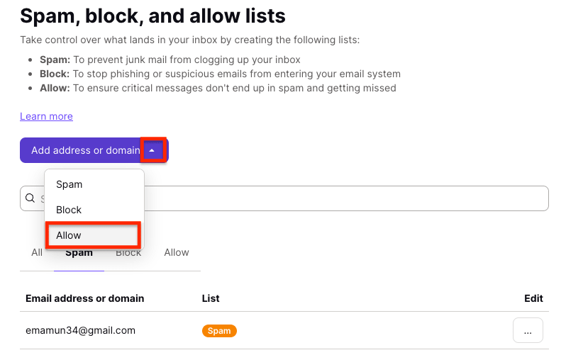 Allow option in the dropdown menu of the Add address or domain button