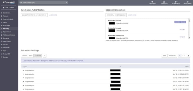 protonmail security 2FA interface