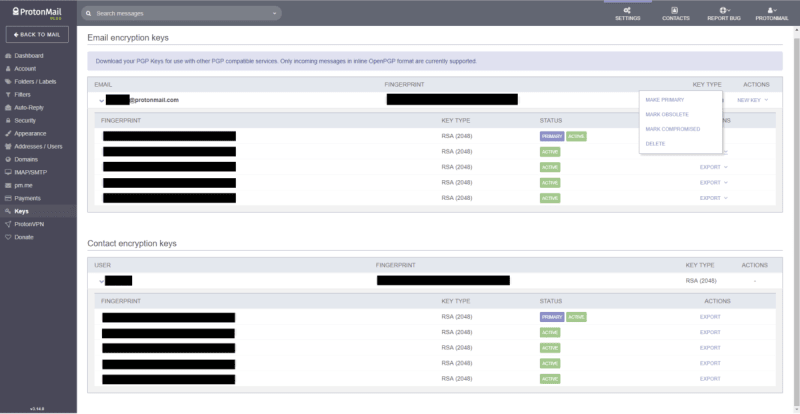 protonmail email encryption keys interface