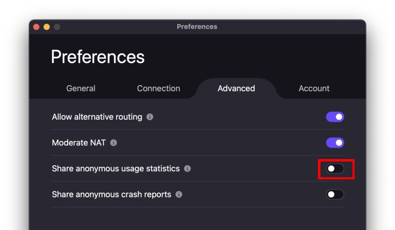 Toggle usage stats on or off on macOS