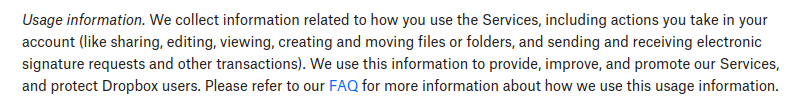 Dropbox privacy policy usage information