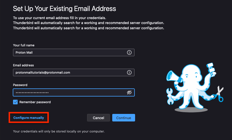 Configure manually link to set up Proton Mail Bridge in Thunderbird