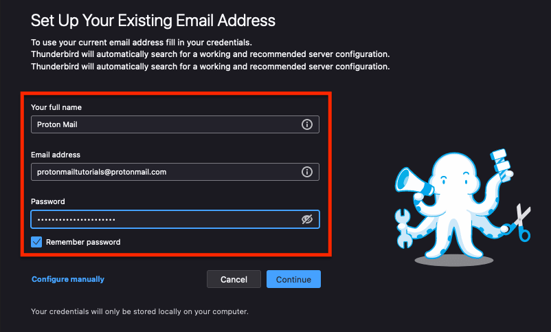 Fields to enter your name, email address, and password in Thunderbird