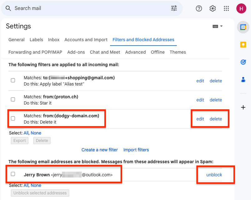 Gmail-Einstellungen, um Filter zu bearbeiten und deine Liste blockierter Absender