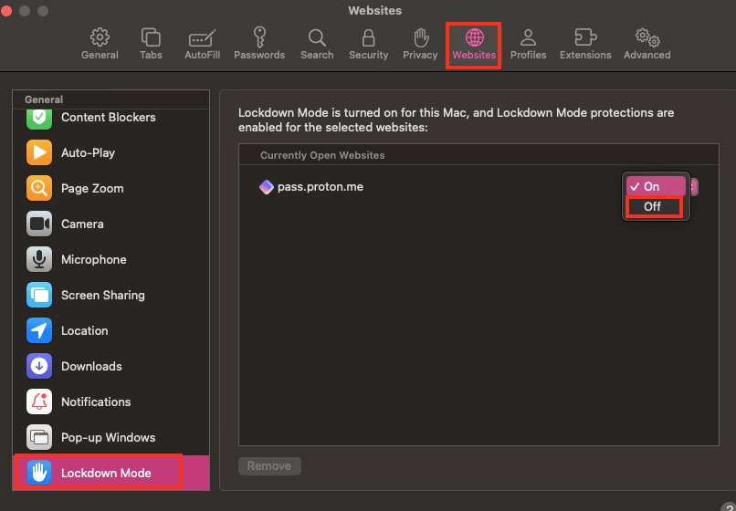 Turn off lockdown mode for Proton Pass