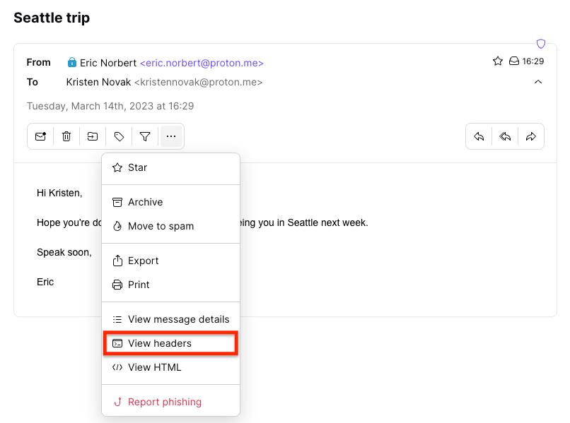 View headers option to view email headers in Proton Mail