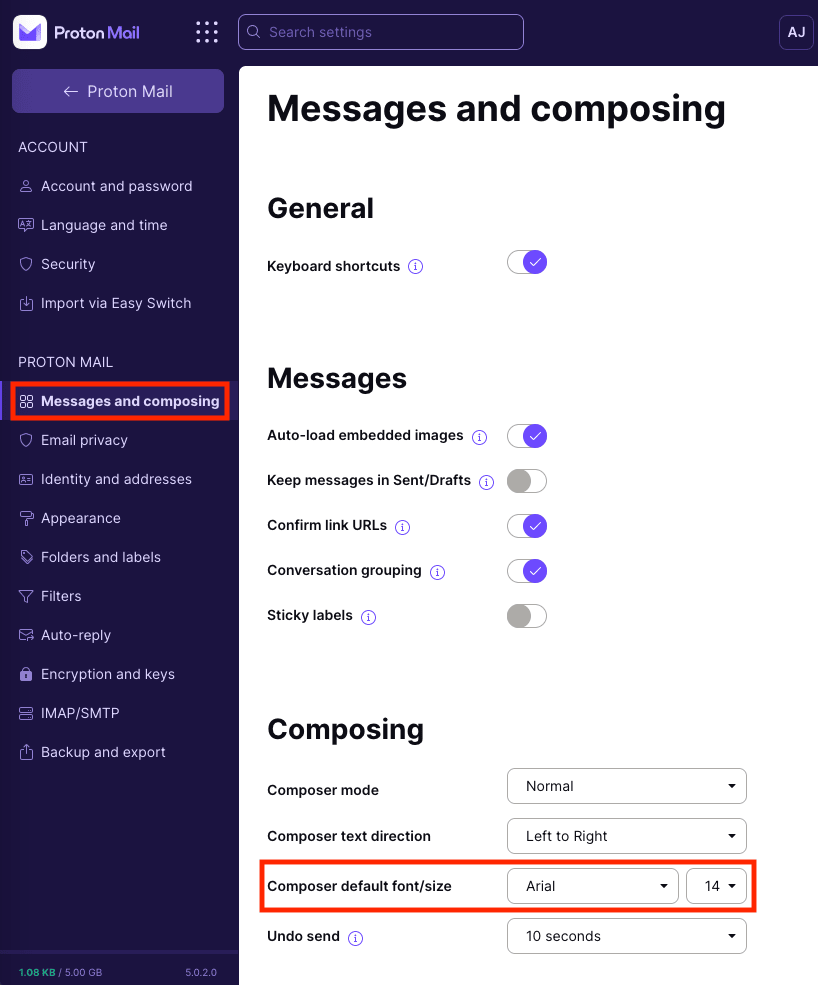 Dropdown menus to select default font and font size in the composer window