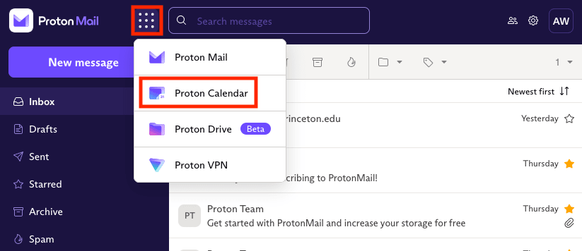 Proton Calendar option in the app switcher