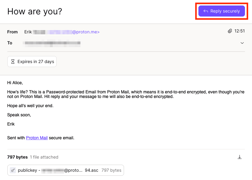 Reply securely button to reply to a password-protected email
