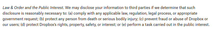 Dropbox privacy policy law and order