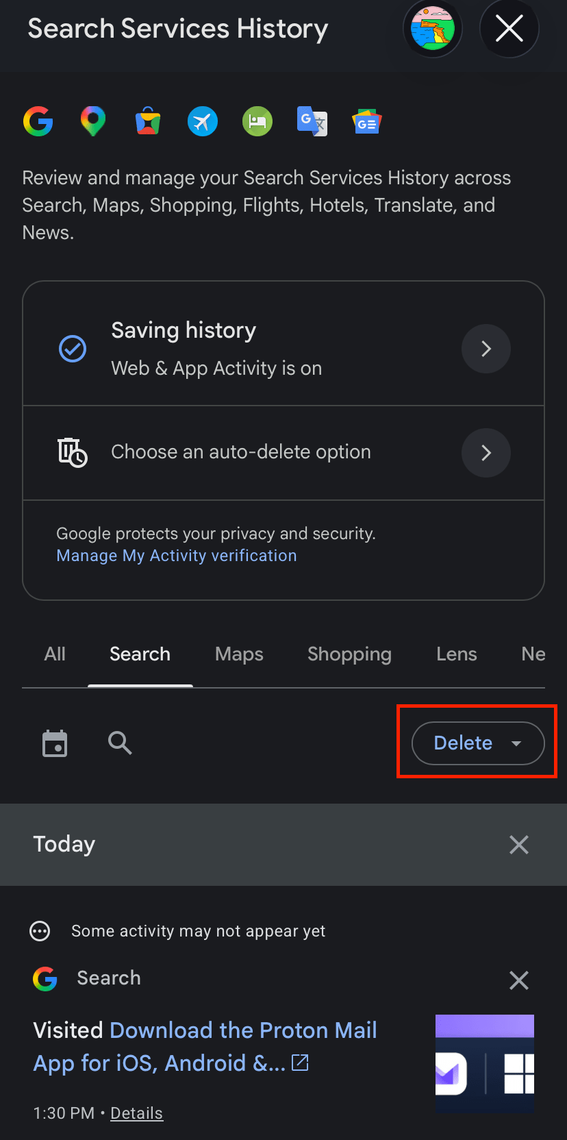 Google mobile delete search history