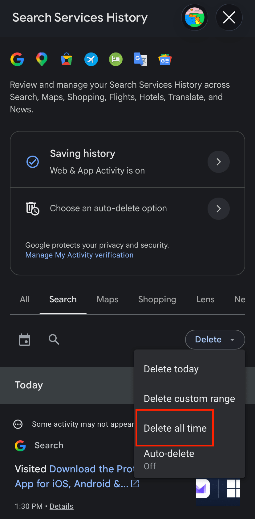 Google mobile search history delete all time