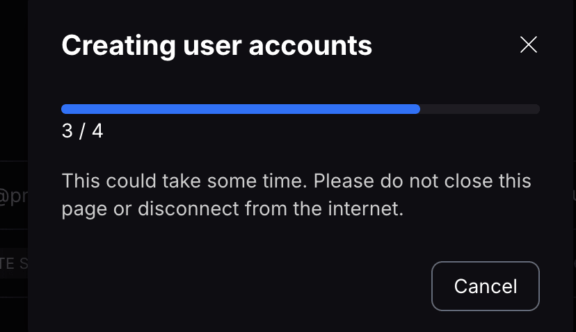 Screenshot of creation status bar for the bulk upload of new users in Proton Drive for Business