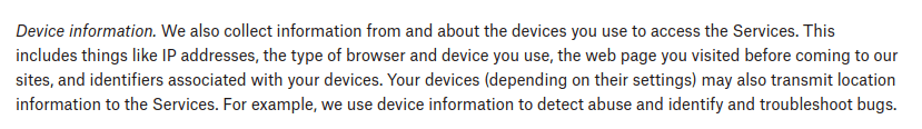 Dropbox privacy policy device information