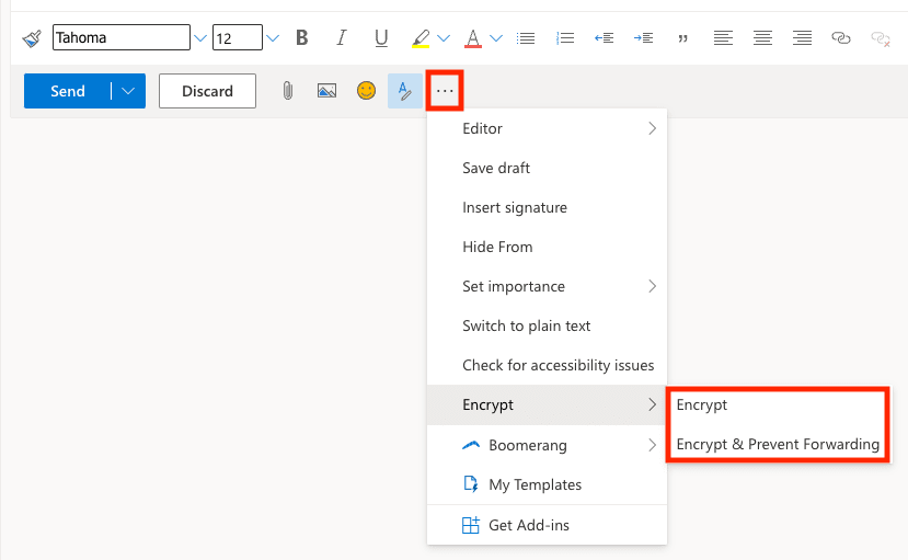 Boutons permettant de chiffrer les messages dans Outlook au lieu d'envoyer des e-mails protégés par un mot de passe