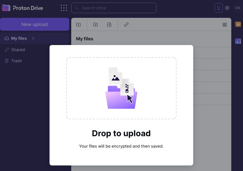 Drop to unload box to add files and folders to Proton Drive secure cloud storage
