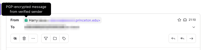 Lucchetto verde con segno di spunta che mostra che questa email è crittografata end-to-end con la crittografia PGP da un mittente verificato