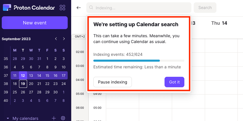 Popup showing the message that we're setting up Calendar search and a progress bar