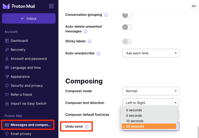 Undo send dropdown menu to change the cancellation time on the Proton Mail web app