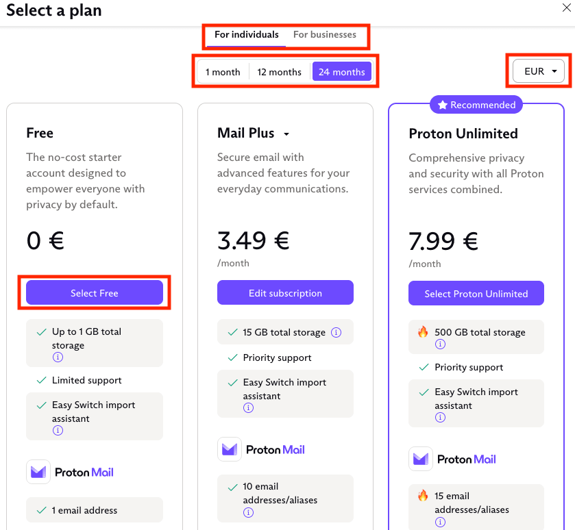 Shows options to choose your plan downgrade