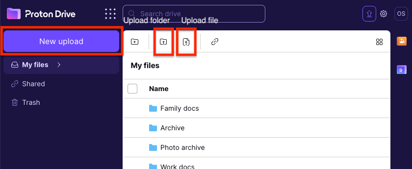 New upload, Upload folder, and Upload file buttons in Proton Drive secure file storage
