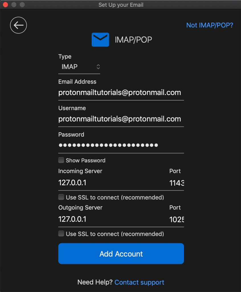 Enter the account details given in the Proton Mail Bridge app