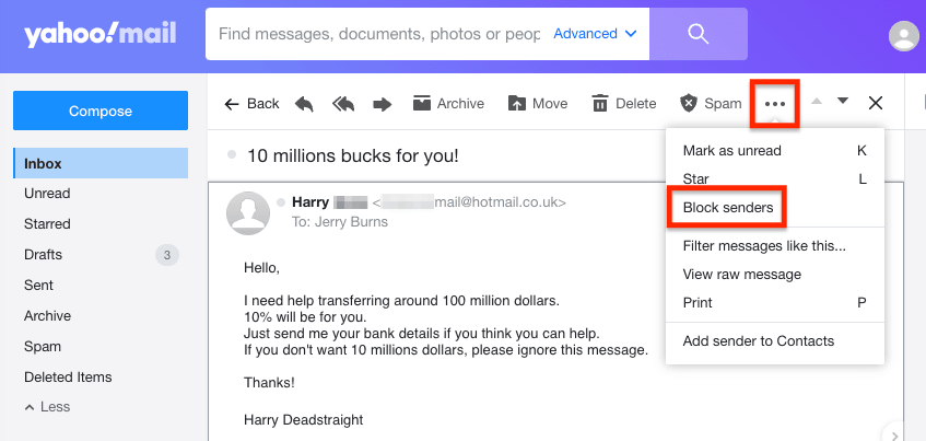 Block senders option on the Yahoo Mail web app