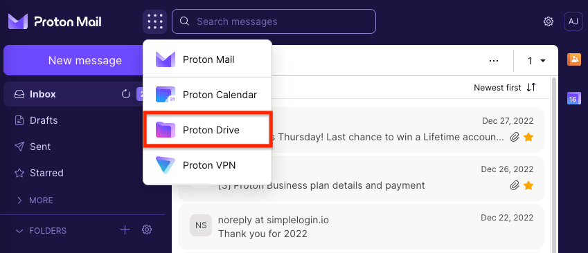 How to choose Proton Drive from the app switcher